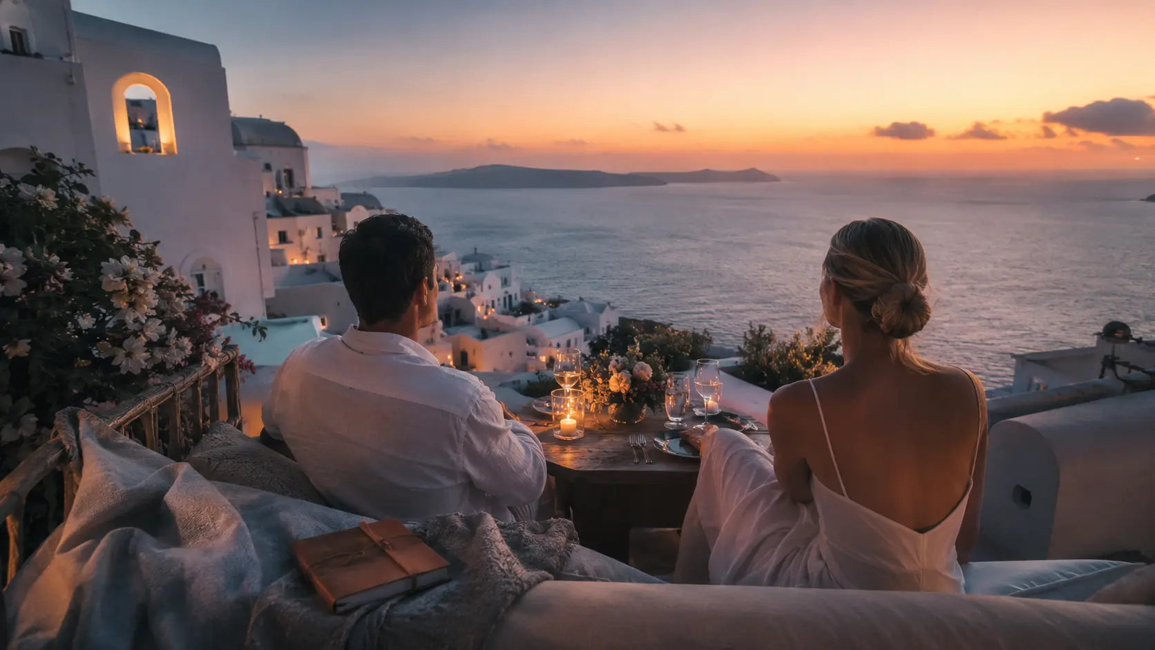 Honeymoon Blueprint 2026 — Santorini sunset terrace romantic dinner caldera view