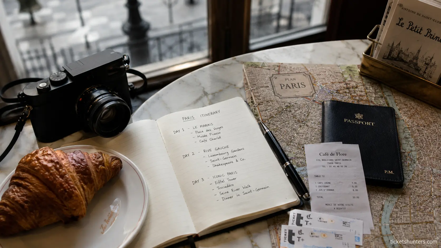 PARIS TRAVEL GUIDE 2026 🌍 7 Paris Travel Guide 2026 — café table flatlay with itinerary notes and Navigo metro card