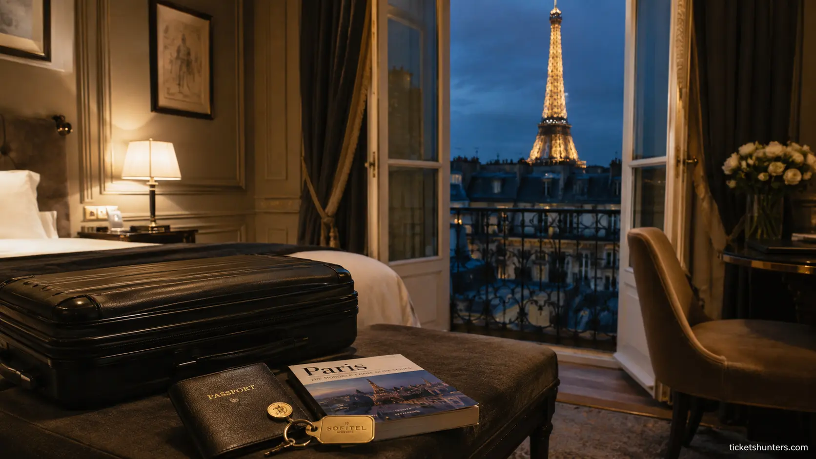 PARIS TRAVEL GUIDE 2026 🌍 3 Paris Travel Guide 2026 — boutique hotel room with Eiffel Tower view from window