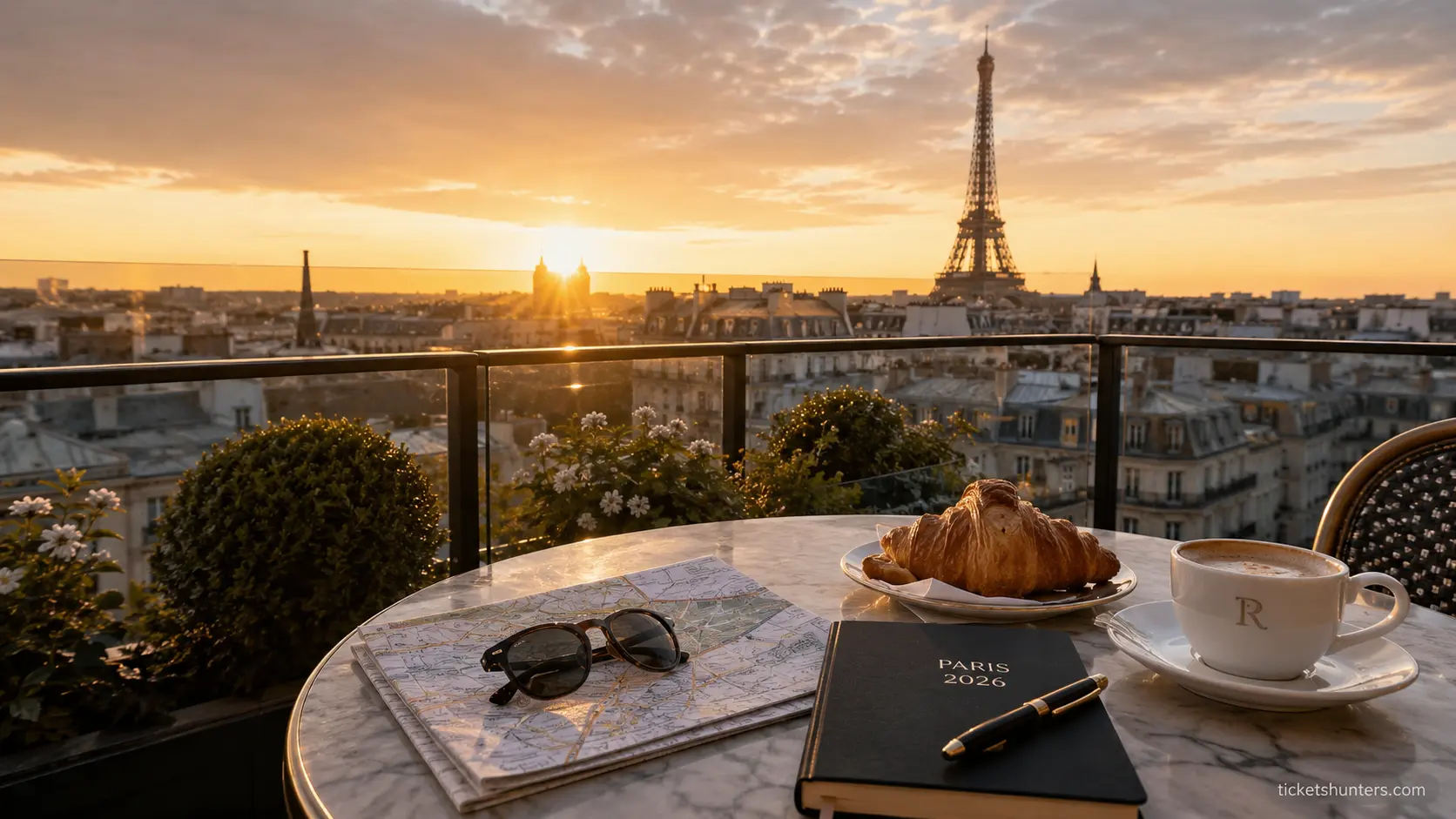 PARIS TRAVEL GUIDE 2026 🌍 Paris Travel Guide 2026 — rooftop breakfast with Eiffel Tower view at sunrise