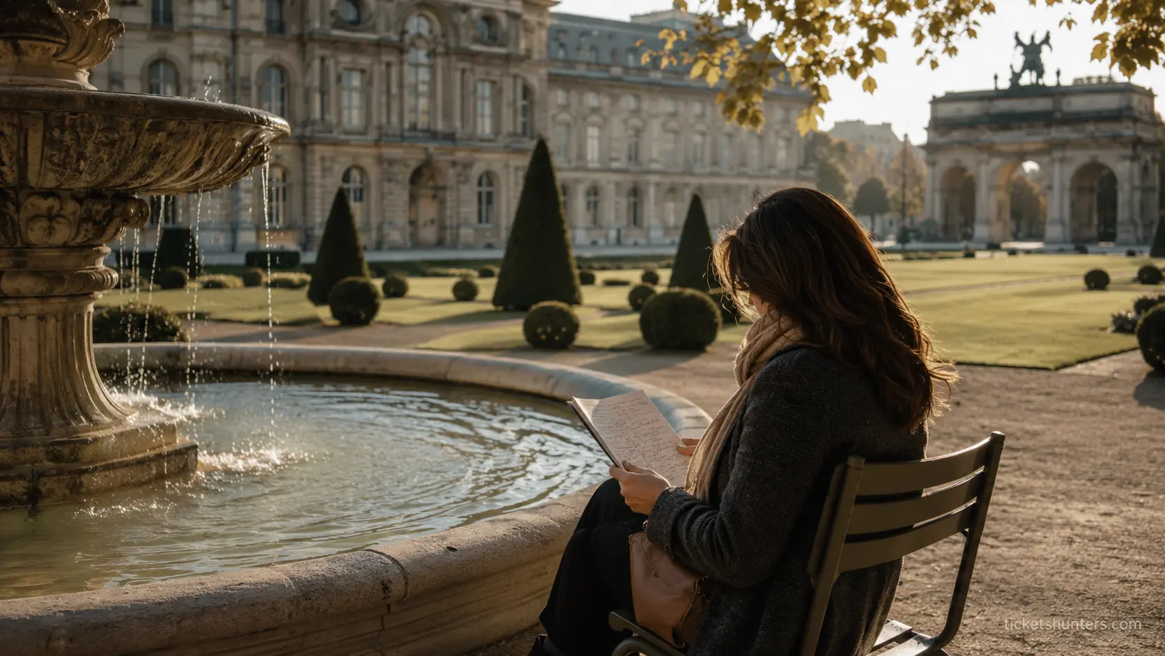 PARIS TRAVEL GUIDE 2026 🌍 5 Paris Travel Guide 2026 — historic garden fountain with handwritten travel notes