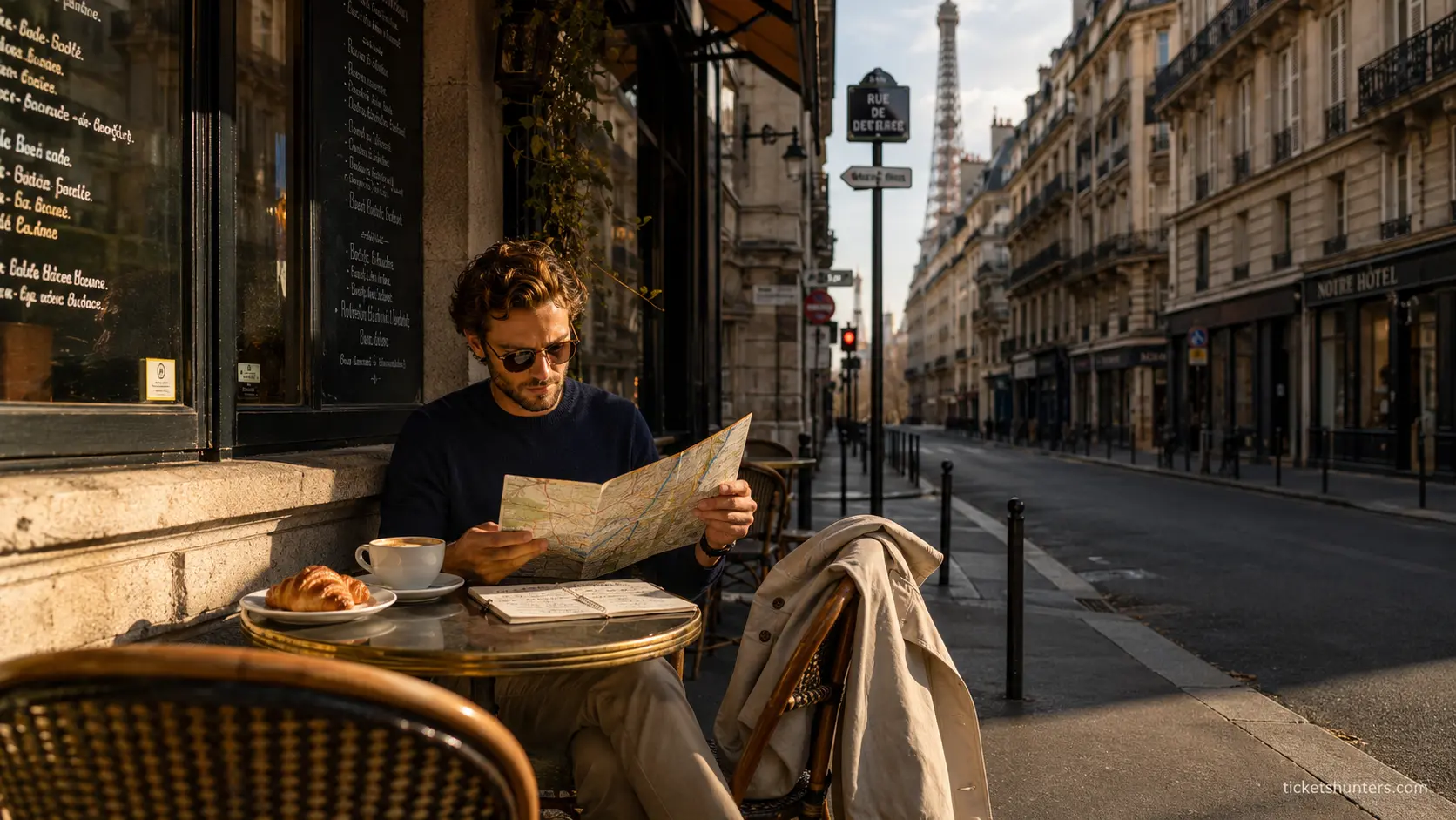PARIS TRAVEL GUIDE 2026 🌍 1 Paris Travel Guide 2026 — Left Bank café table with itinerary map and coffee