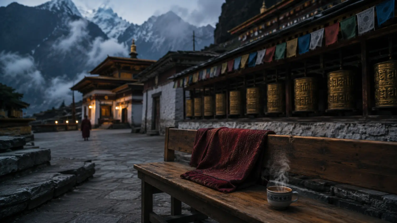 Sacred Destinations Travel Guide 2026 — Himalayan Buddhist monastery courtyard monks prayer flags