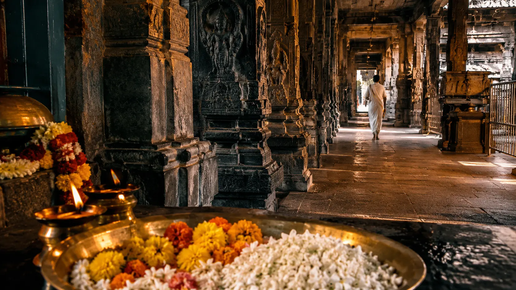 Sacred Destinations Travel Guide 2026 — Hindu temple corridor with flowers and offerings