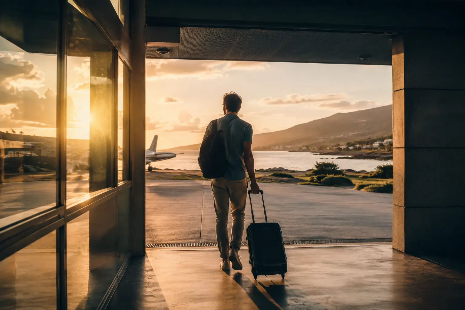 AVIASALES โ๏ธ 5 Aviasales review 2026 โ destination arrival coastal airport sunset landing