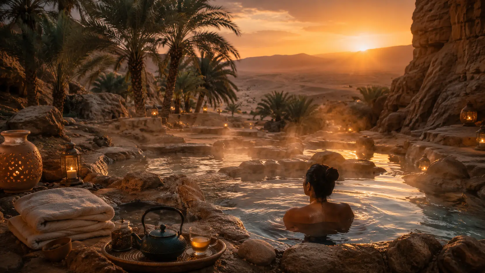 GLOBAL THERMAL WELLNESS 2026 3 Global thermal wellness blueprint 2026 — desert oasis hot spring sunset palm trees