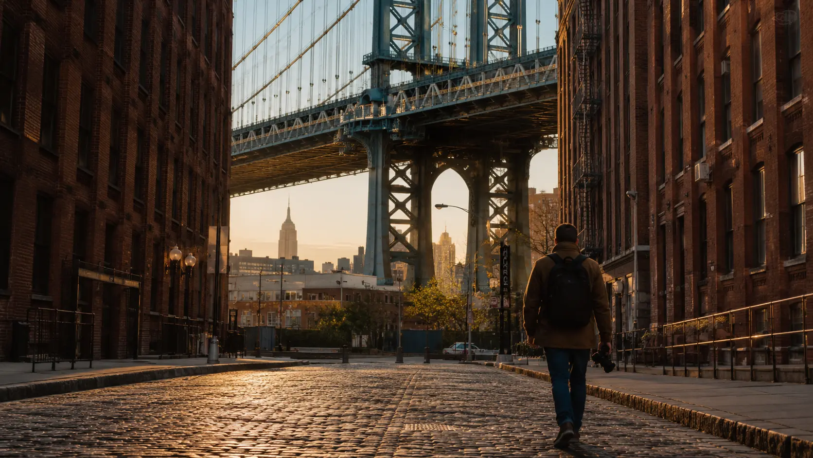 NEW YORK π½ 3 New York Travel Guide 2026 β DUMBO Manhattan Bridge cobblestone street Brooklyn