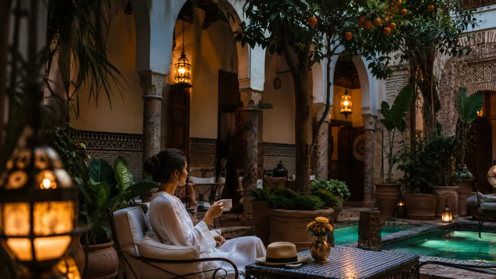 Agoda review 2026 — Moroccan riad courtyard lit by lanterns in the evening