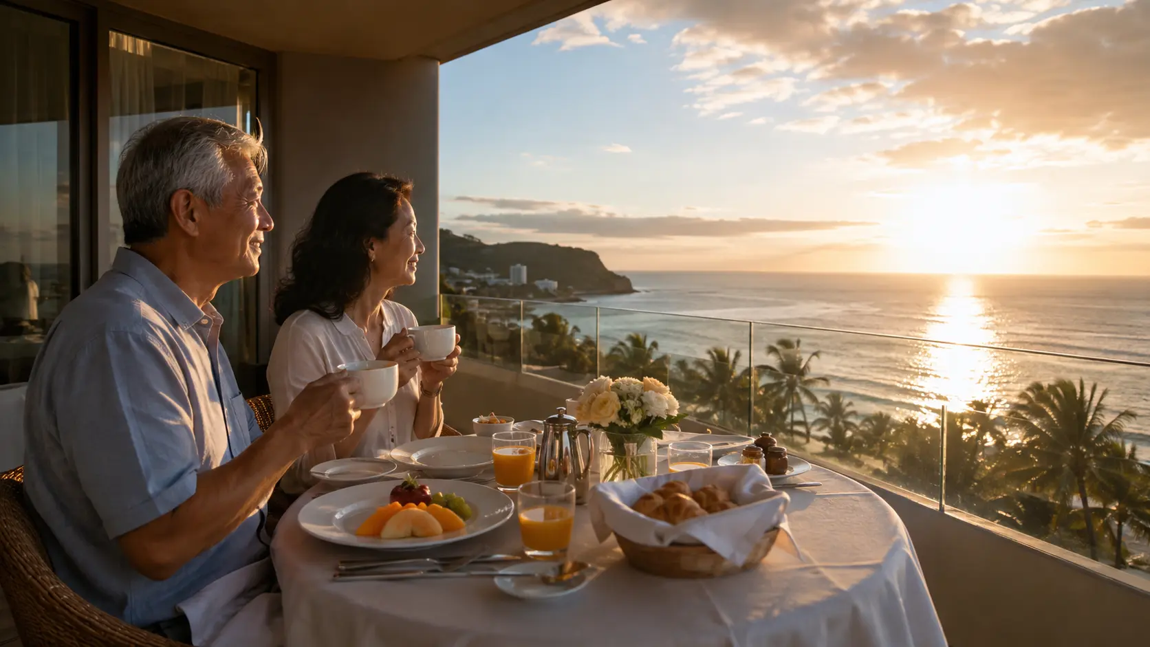 Agoda review 2026 — sea view breakfast table at a golden hour resort terrace