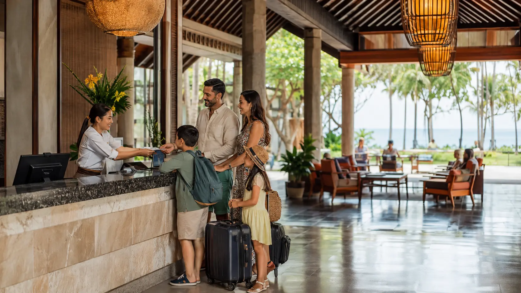Agoda review 2026 — tropical family hotel reception during check-in with luggage