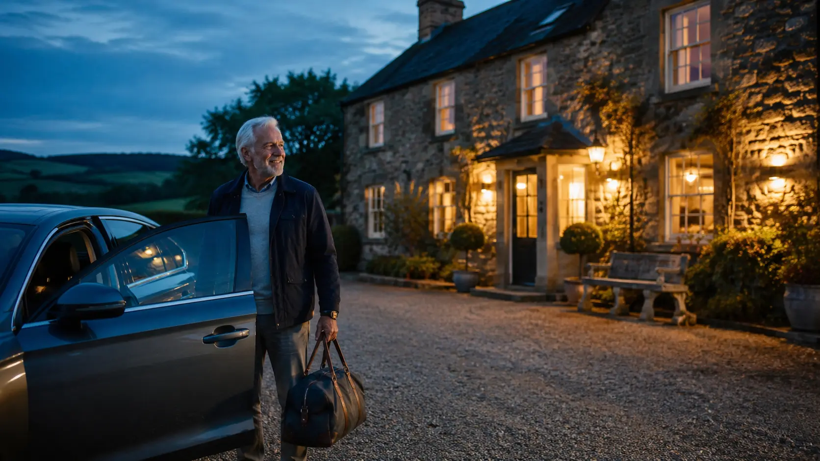 Localrent Review: Is It the #1 Cheap Car Rental? 9 Localrent review 2026 — rental car arriving at a boutique hotel in the evening
