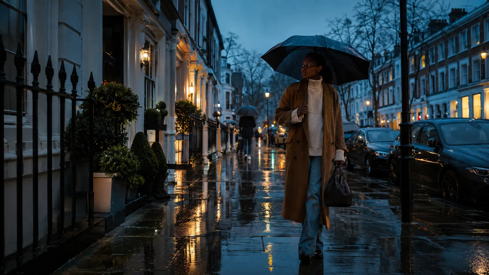 London travel mistakes 2026 — evening walk along a rainy London street with umbrellas