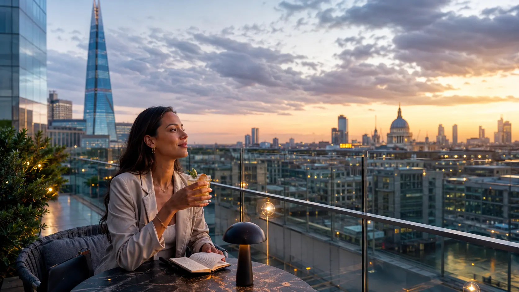 London travel mistakes 2026 — rooftop drinks with a sunset skyline view over the city