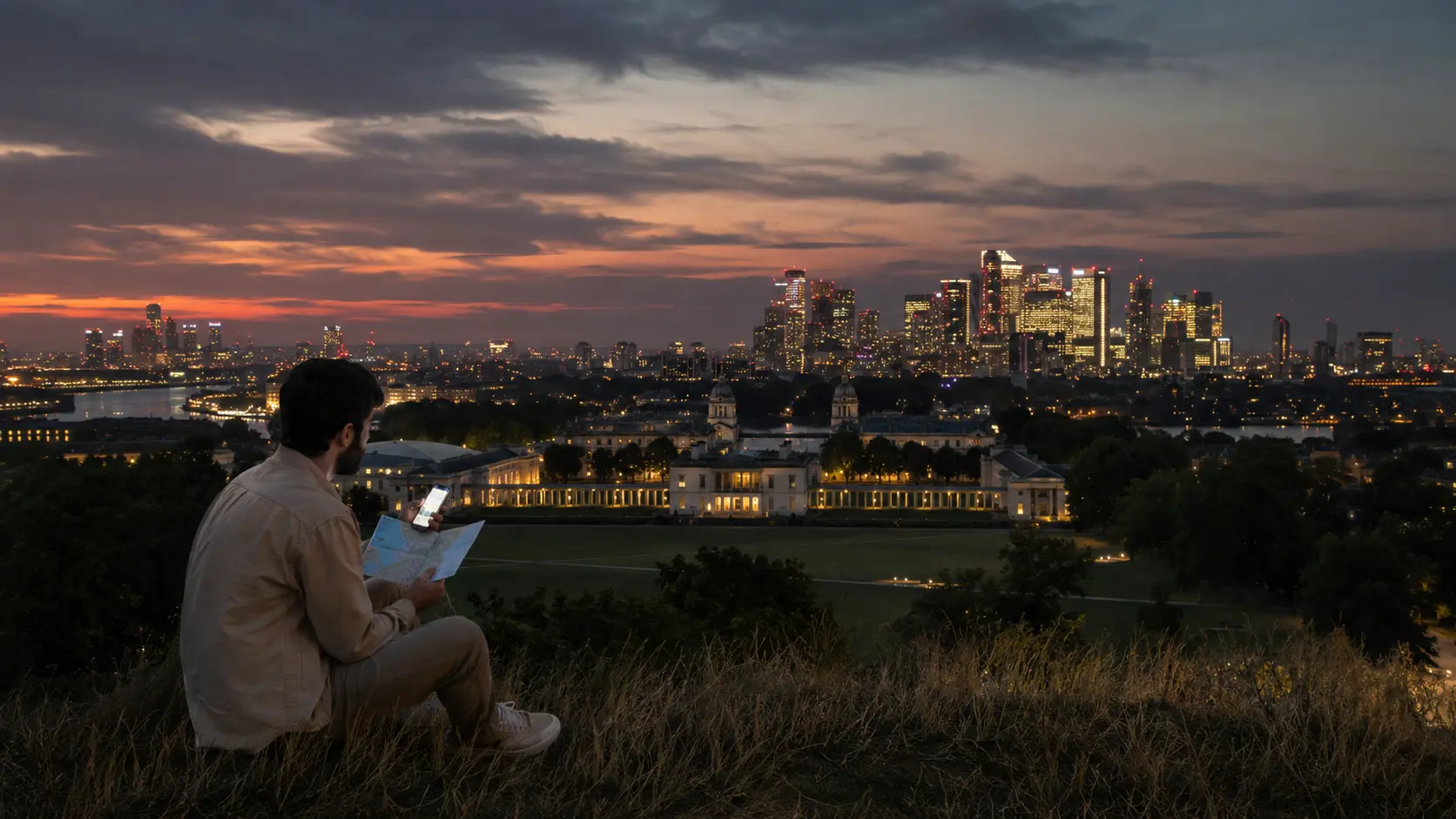 London travel mistakes 2026 — solo traveller taking in a twilight city view safely