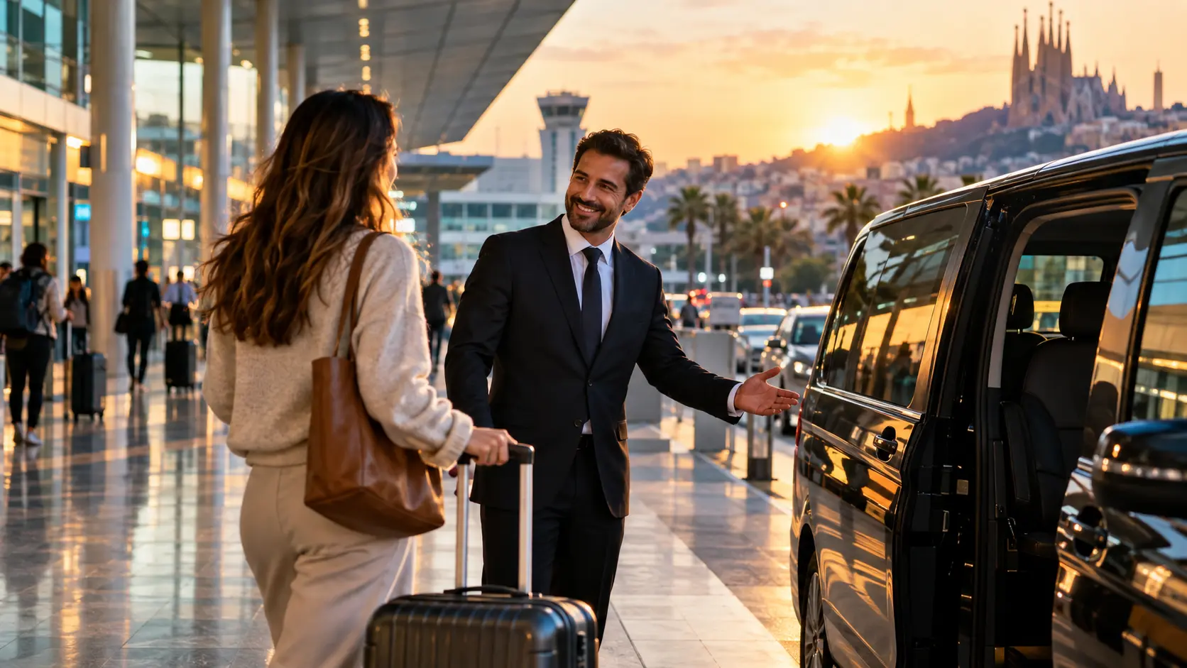 Barcelona airport arrival at golden hour with a traveler meeting a pre-booked transfer