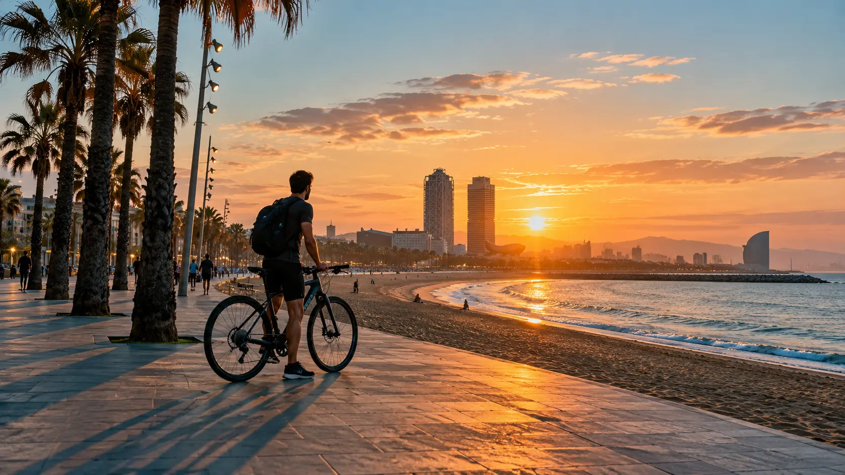 Cycling along the Barcelona beachfront at golden hour on a quiet autumn evening