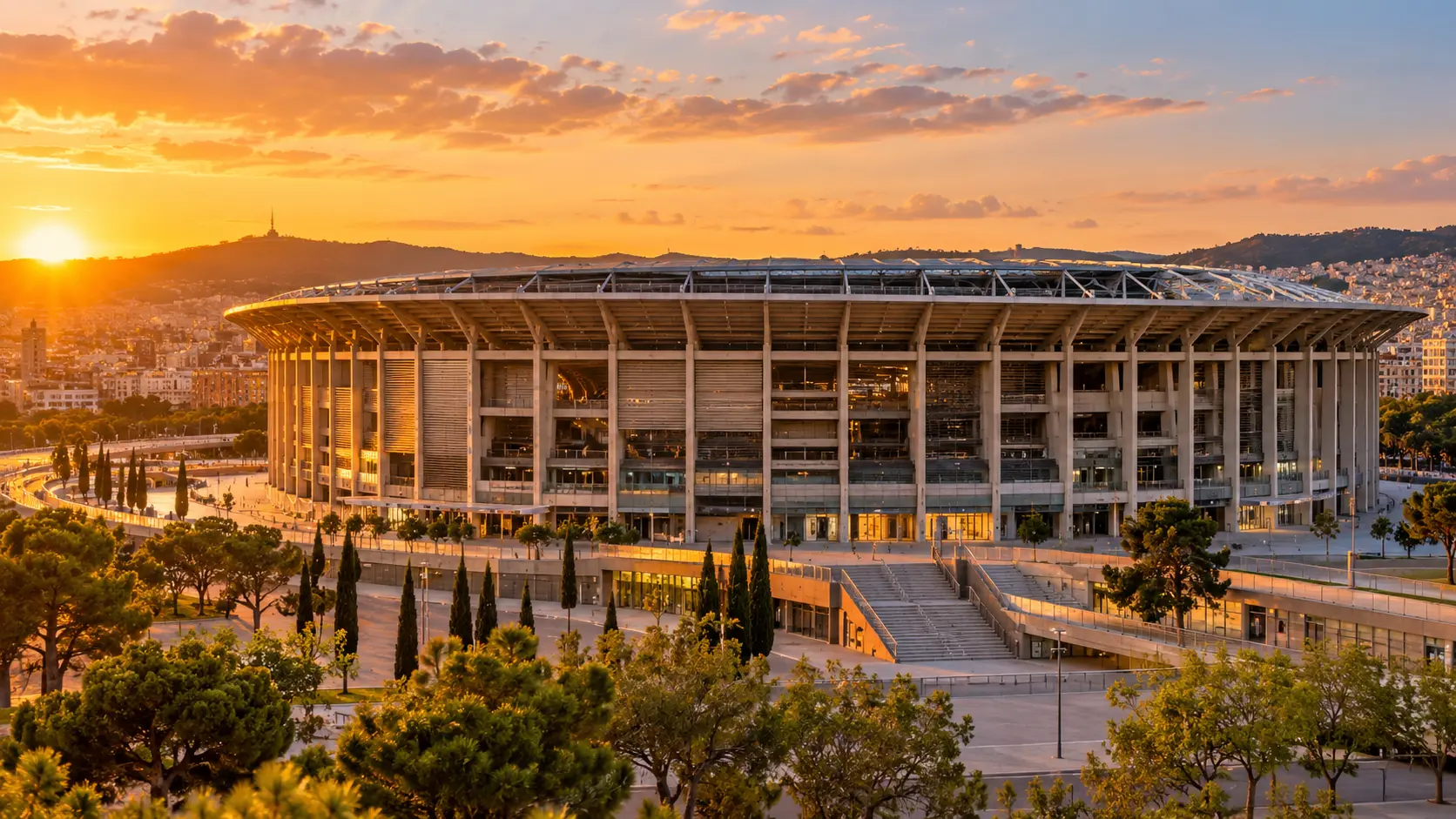 Spotify Camp Nou stadium panorama at sunset during the Espai Barça renovation