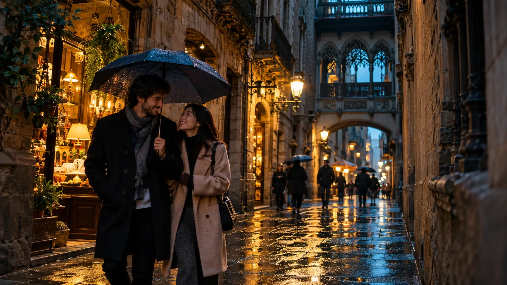 Gothic Quarter Barri Gòtic lanes on a rainy evening walk in Barcelona