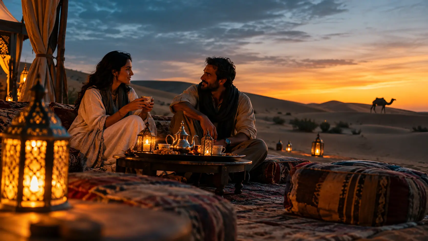 Morocco travel in the Sahara: mint tea served at a desert camp at sunset among the dunes