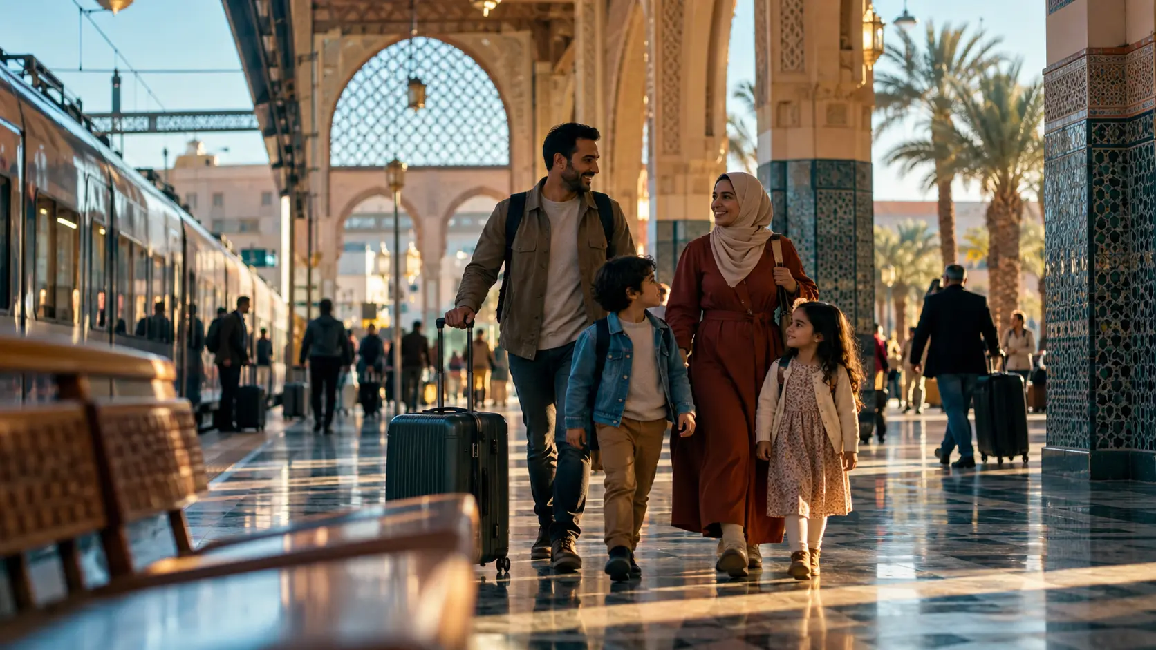 Morocco travel by rail: a family at a train station setting off on an intercity journey