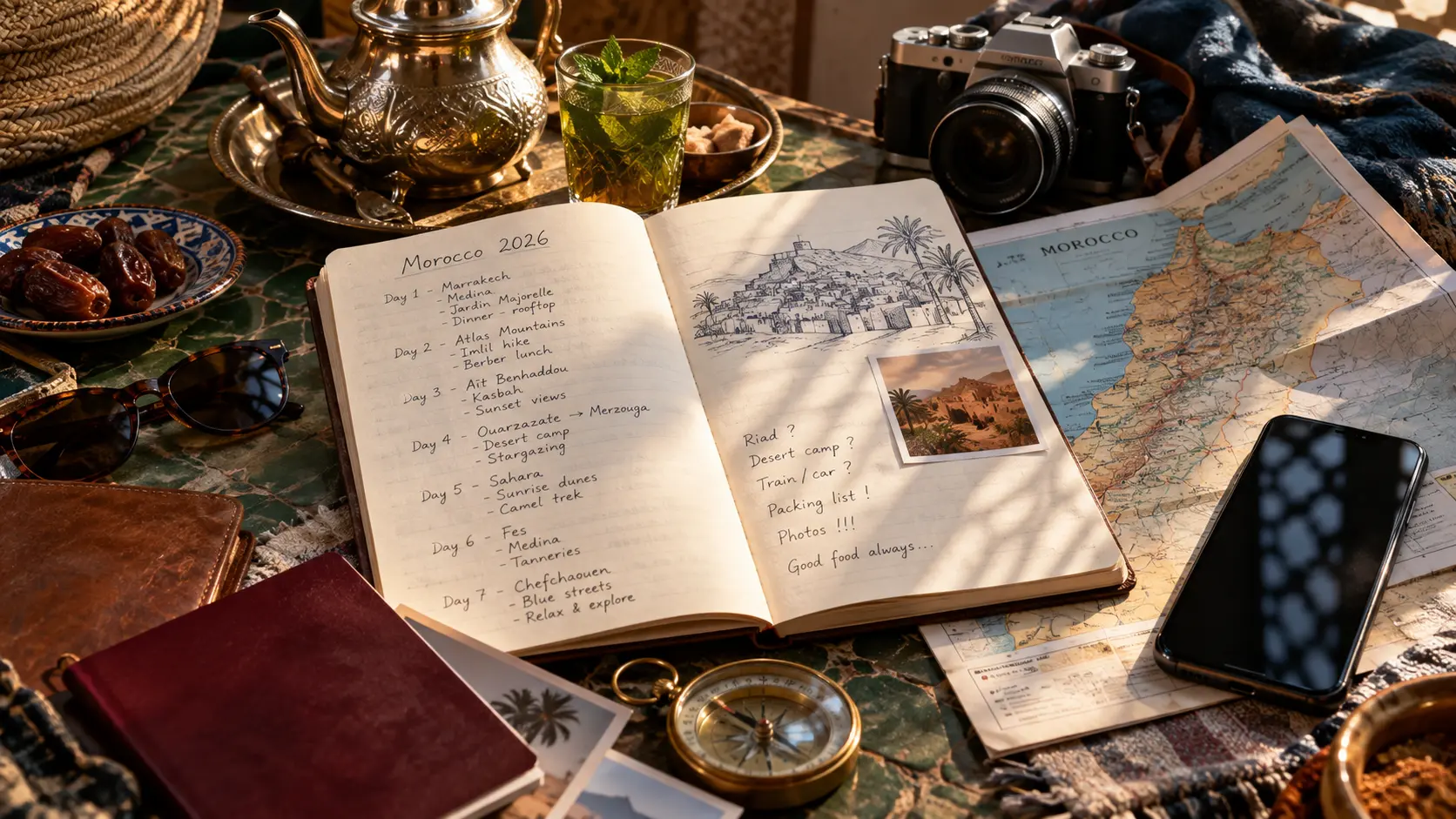 Morocco travel itinerary planning flat lay with travel essentials laid out on a table
