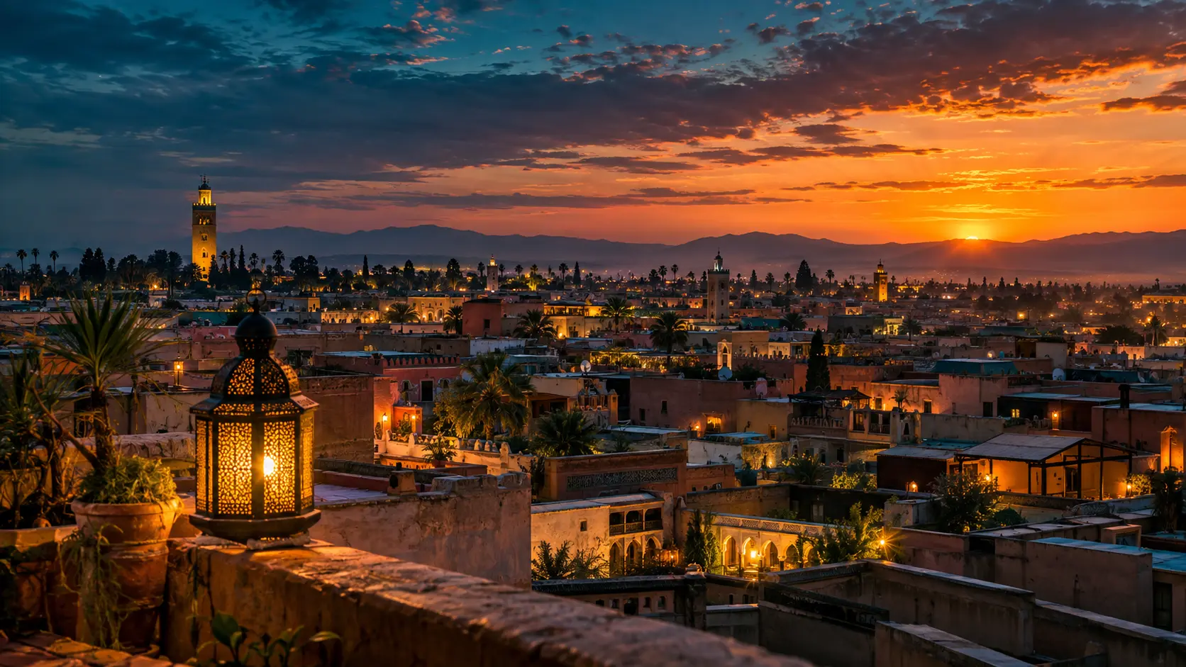 Morocco travel rooftop terrace at sunset with a view over the city