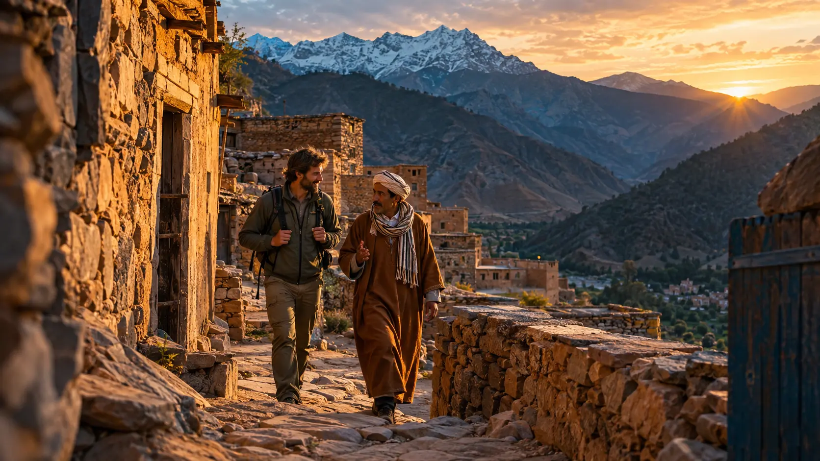 Morocco travel road through a High Atlas mountain village at golden hour