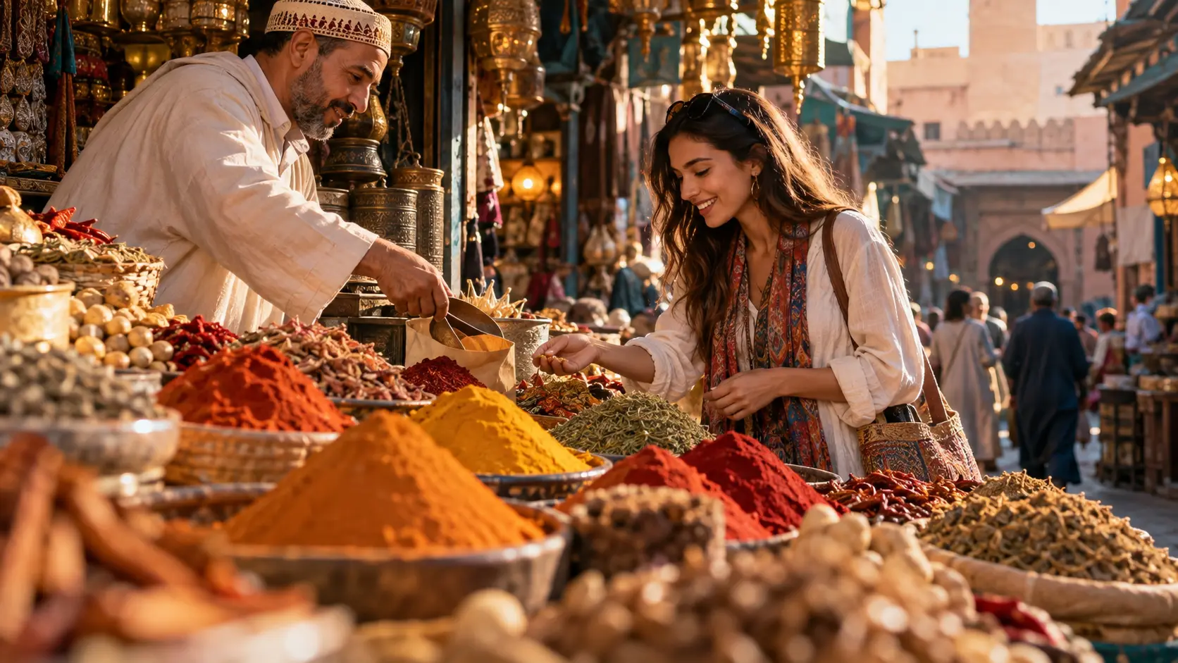Morocco travel shopping in a medina spice market with spices displayed in open sacks and cones
